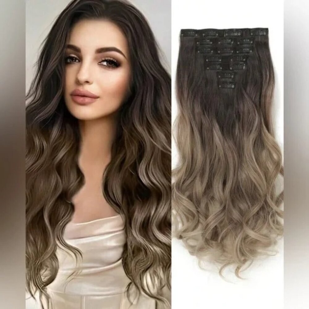 22 Inch Balayage Brown & Blonde Clip in Curly Hair Extensions - human hair blend